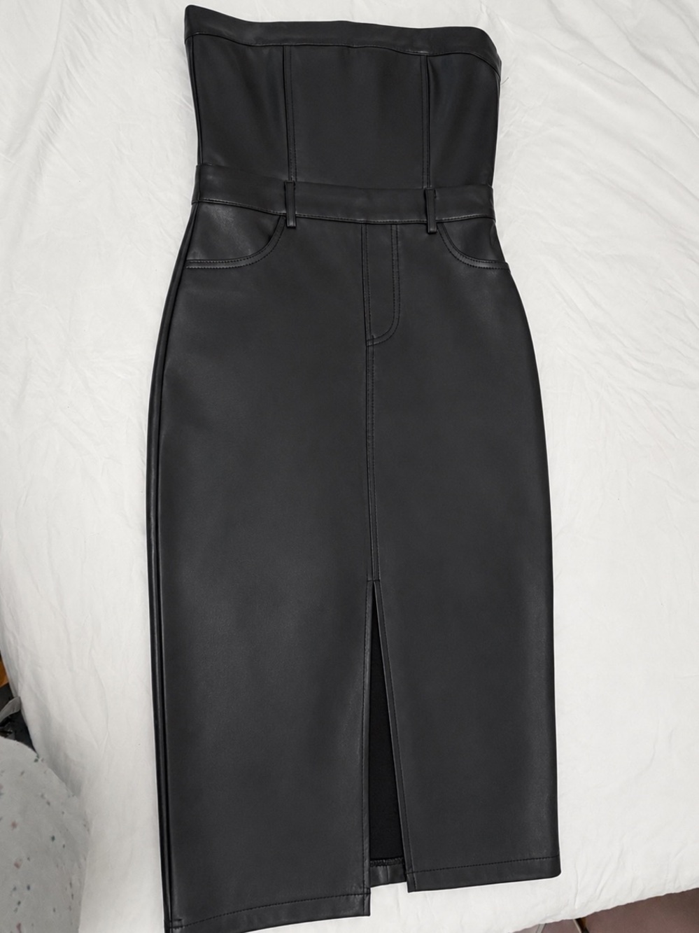 Strapless Black Faux Leather Midi Dress with Front Slit